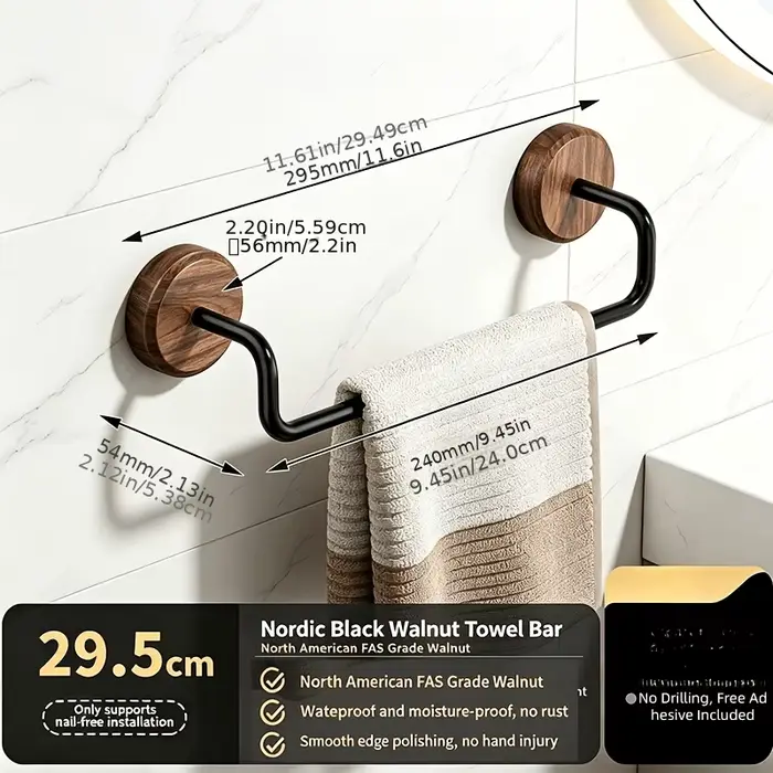 Étagère murale multifonctionnelle pour serviettes, porte-serviettes en bois de noyer et acier carbon