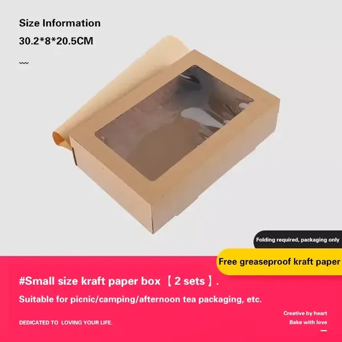 Boîte à lunch en papier kraft avec fenêtres transparentes, pique-nique, dessert, emballage de fruits