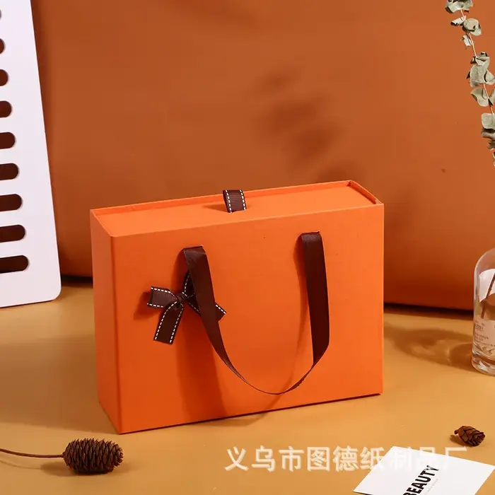 Boîte à tiroir simple orange, boîte cadeau pour le Festival de la Mi-Automne avec nœud papillon, boî