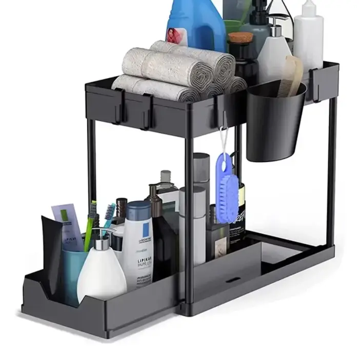 Étagère de rangement coulissante à double niveau sous évier, organisateur pratique, structure compac