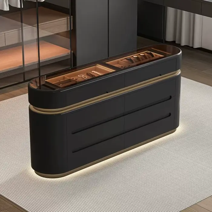 Meuble de rangement noir en bois avec poignées dissimulées