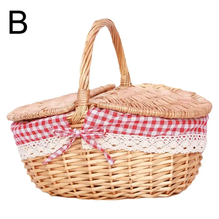 Panier en osier fait à la main avec poignée, panier de nourriture de pique-nique avec couvercle, pla