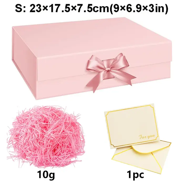 Coffret cadeau à fermeture magnétique rose/noir, avec enveloppes en raphia dorées, bijoux d'annivers