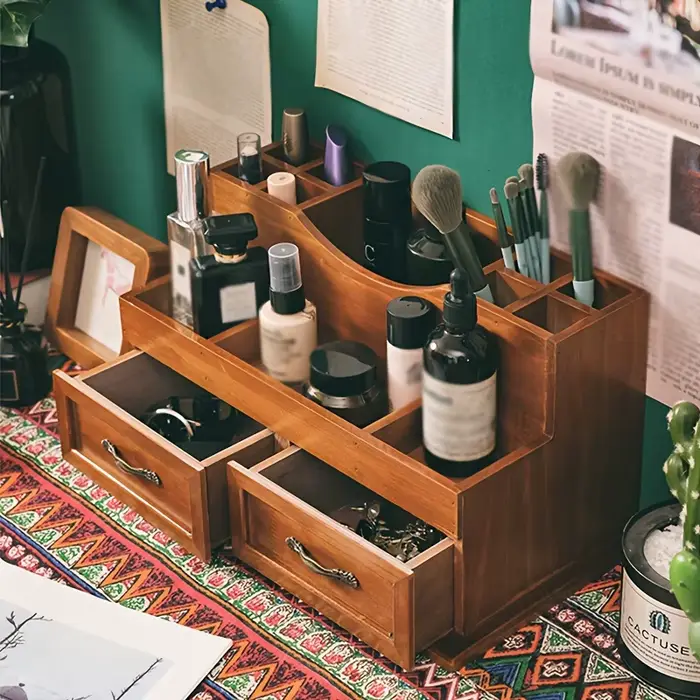 Organisateur de bureau en bois d'inspiration vintage – Vieurs compartiments pour cosmétiques et fournitures