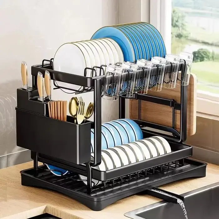 Égouttoir à vaisselle, support de rangement pour plateaux à double couche