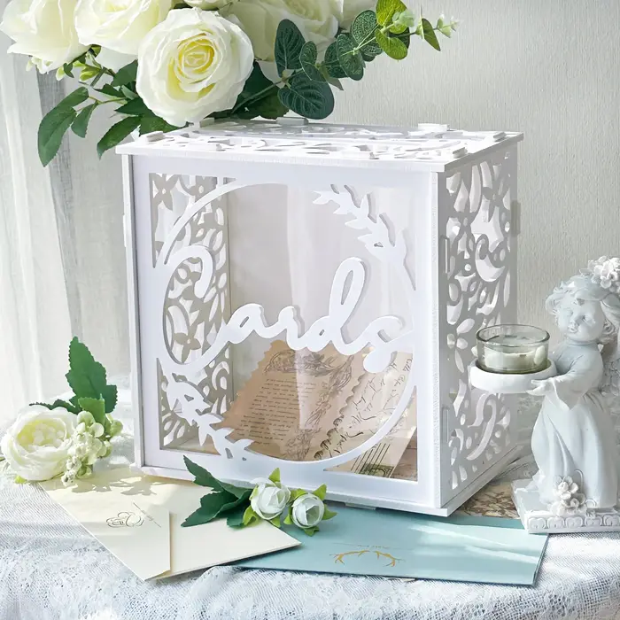 Boîte à cartes de mariage blanche pour réceptions, boîte à cartes cadeaux en PVC pour mariage avec fenêtres en acrylique, boîte à enveloppes rustique pour cadeaux en argent
