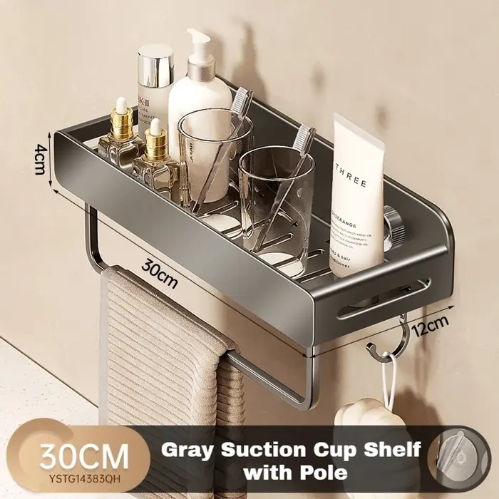Étagère de salle de bain en aluminium, support mural gris sans perçage, étagère de rangement pour to