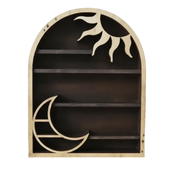 Étagère de rangement en bois, design soleil croissant, style bohème, étagère à cristaux, design lune