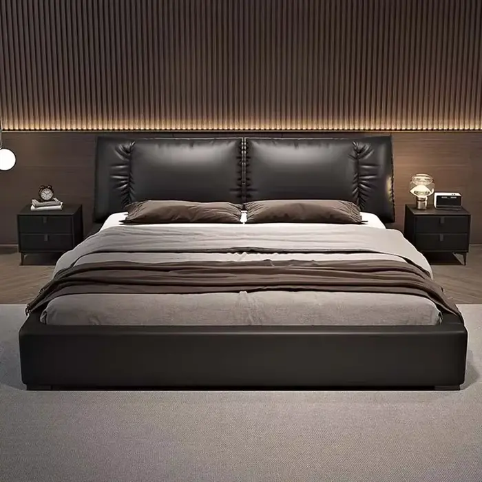 Lit multifonctionnel en cuir esthétique nordique moderne, chambre à coucher, lit Queen Size, rangeme
