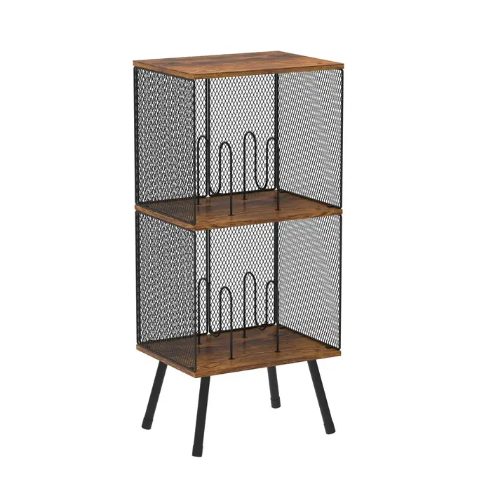 Étagère de rangement pour disques vinyles à 2 niveaux, caisse en bois rustique avec séparateurs régl