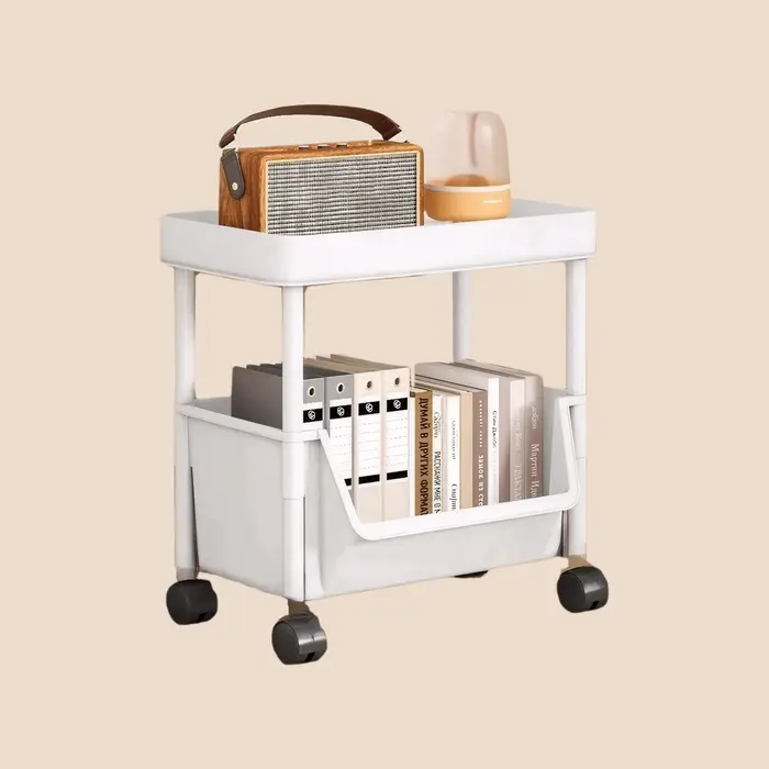 Chariot de rangement à 2 niveaux, étagère mobile pour livres, support d'organisation avec roulettes,