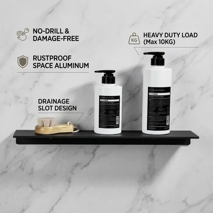 Étagère de salle de bain murale noire mate sans perçage