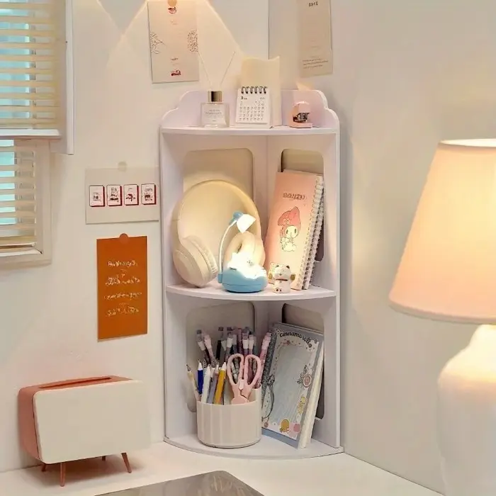 Étagère de bureau d'angle à 3 niveaux, support de rangement blanc peu encombrant pour organiser livres, cosmétiques, fournitures de bureau, couches modernes