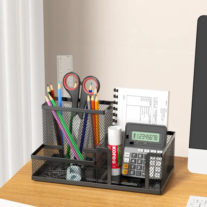 Porte-stylo en maille et organisateur de fournitures de bureau avec 7 compartiments, organisateur de