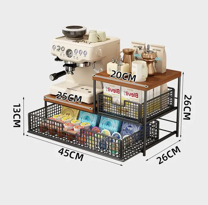 Organisateur de comptoir de cuisine peu encombrant avec tiroir et panier en fil métallique - Étagère robuste en bois dur pour machine à café.