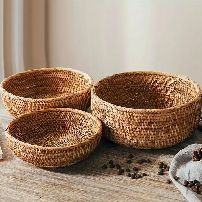 Ensemble de paniers en osier tissés à la main – Paniers de rangement ronds en paille naturelle pour 