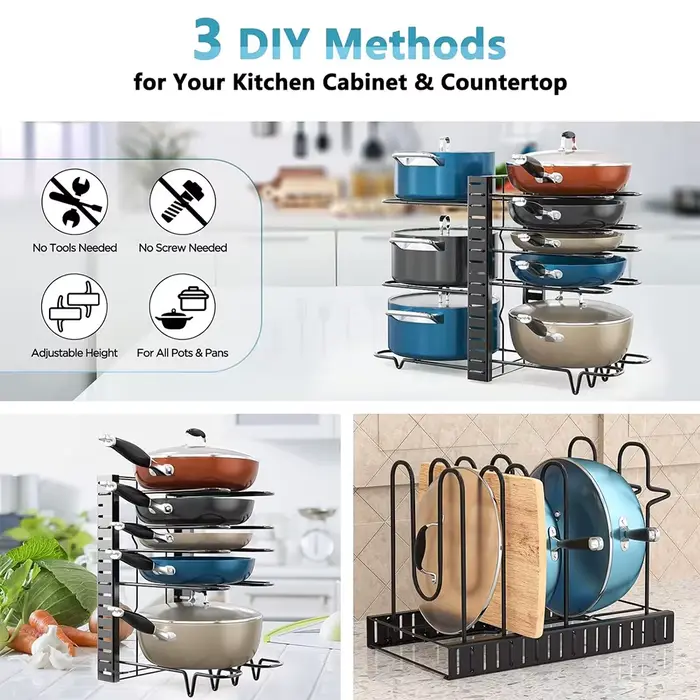 Support organisateur de casseroles à 8 niveaux, 3 méthodes de bricolage, armoire réglable, garde-man