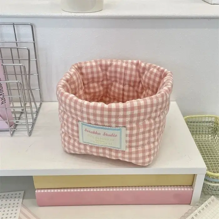Panier de rangement en tissu à carreaux et rayures
