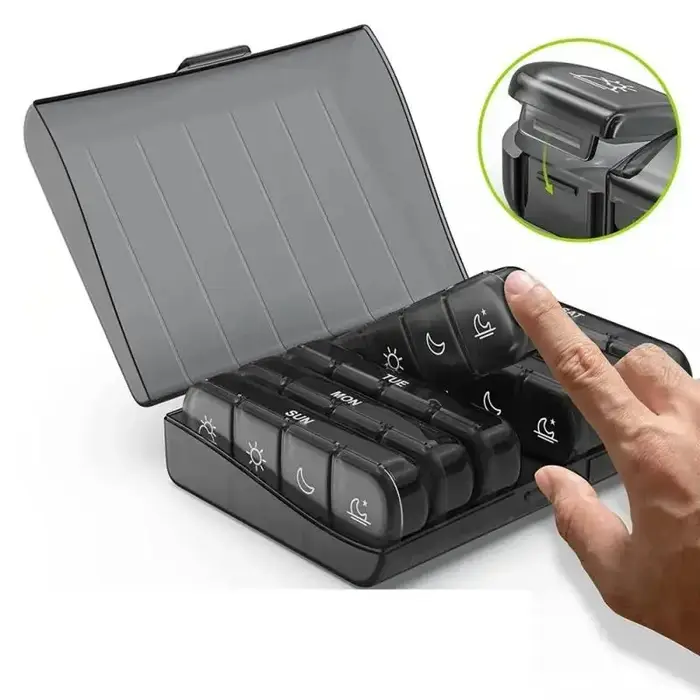 Boîte à pilules hebdomadaire 21 compartiments, organiseur de médicaments, boîte de rangement en plastique PP noir, étui à pilules portable pour médicaments quotidiens