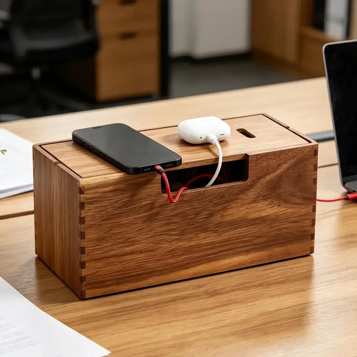 Boîte de rangement pour câbles en bois
