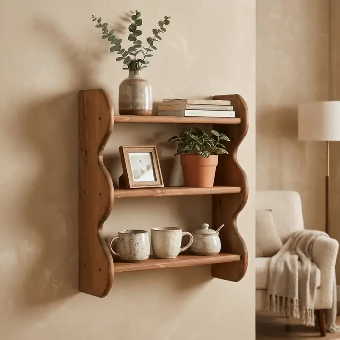 Étagère murale en bois à 3 niveaux, gain de place, avec vis, bord ondulé, grande capacité, étagère flottante en bois
