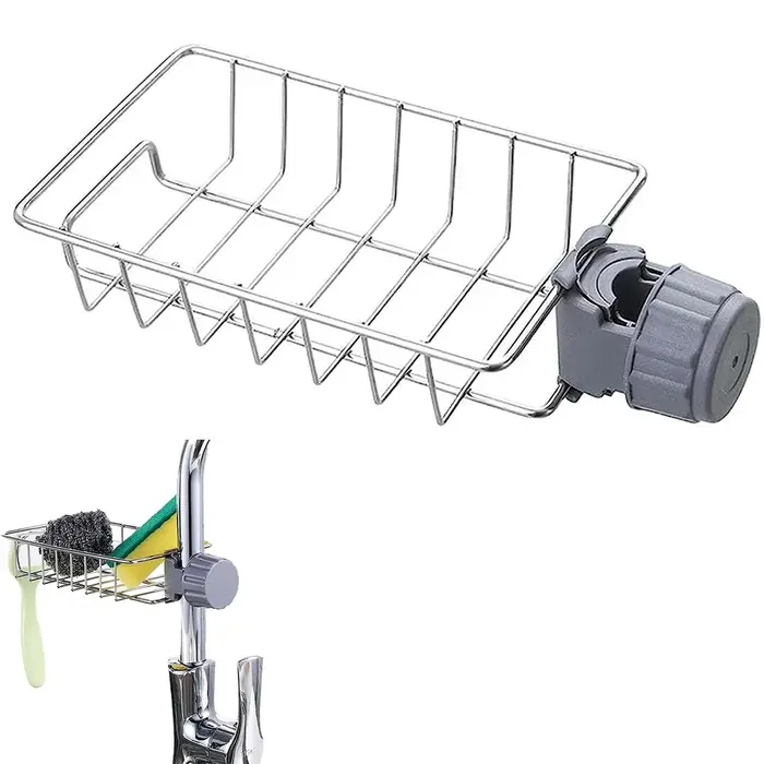 Support d'évier de cuisine en acier inoxydable pour éponges et accessoires