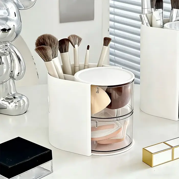 Boîte de rangement pour houppettes, organiseur rotatif anti-poussière pour coiffeuse, support de bur