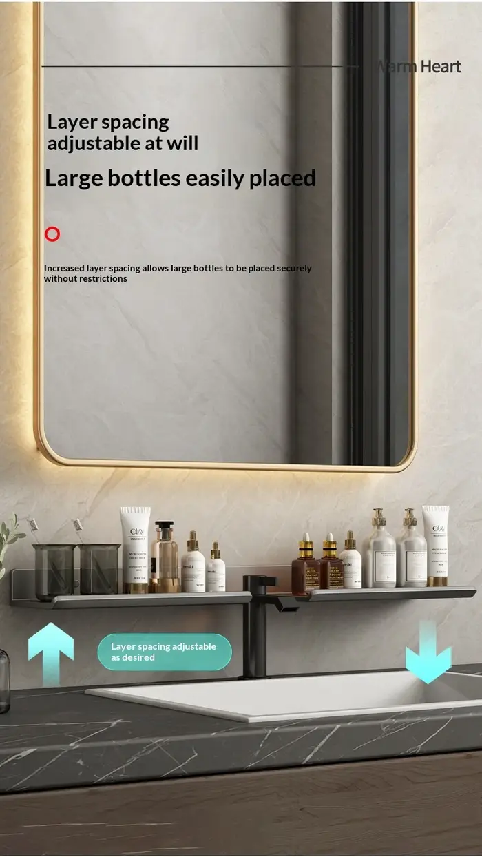 Étagère de salle de bain murale sans perçage avec miroir à ventouse pour lavabo et robinet