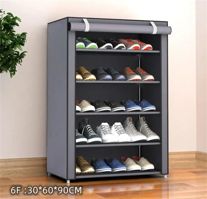 Organiseur de chaussures avec housse en tissu pour 9 à 27 paires, disponible en plusieurs niveaux (4-10), dimensions totales 160 x 30 x 60 cm