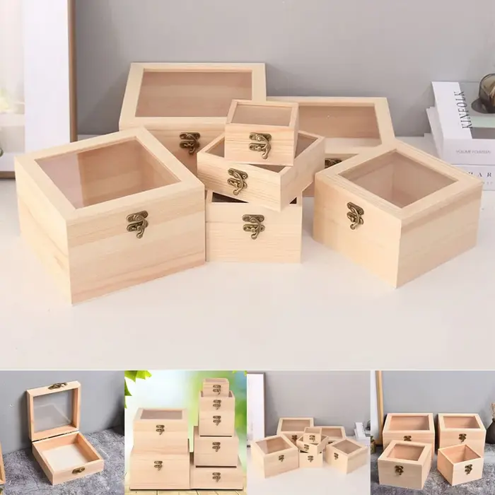 Boîtes de rangement carrées à charnière en bois